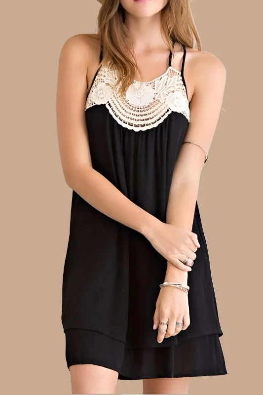Entro Lace Panel Strappy Back Mini Dress - Black Modern Satin Mini Dress