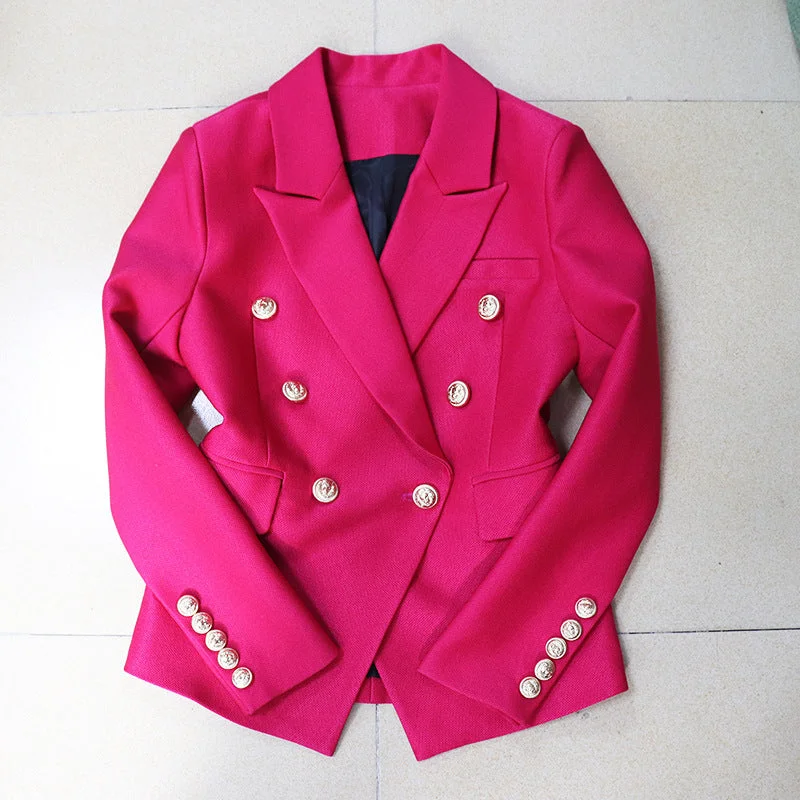 Vireous Rose Red Tailored Women's Double-Breasted Jacket Embroidered Jacket Appliqued Jacket Beaded Jacket