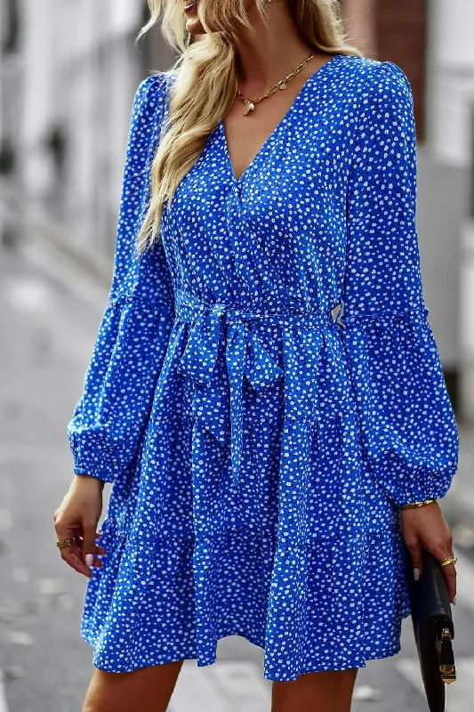 Floral Belted Puff Sleeve Mini Dress Trendy Tulle Mini Dress