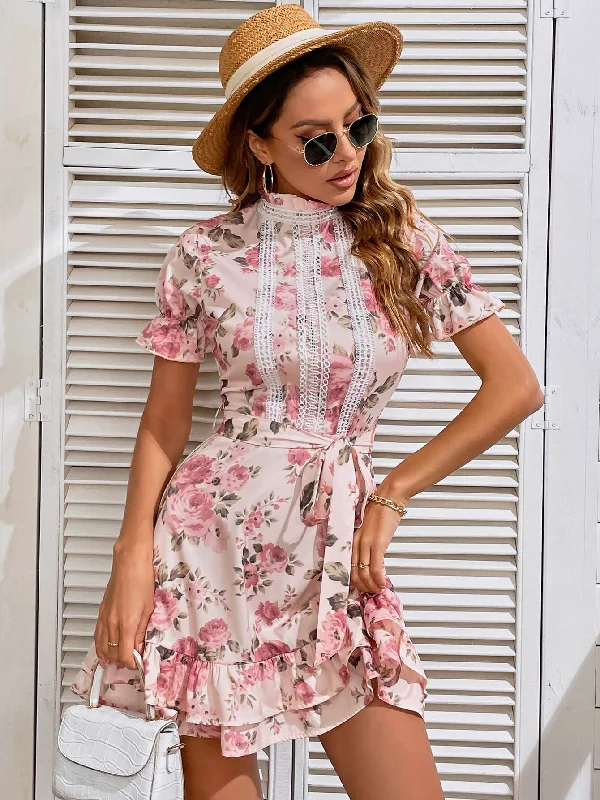 Floral Tie-Waist Ruffle Hem Mini Dress Fashionable Denim Mini Dress