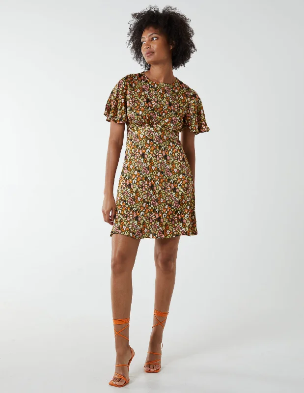 Flutter Sleeve Bias Mini Dress Trendy Wraparound Mini Dress