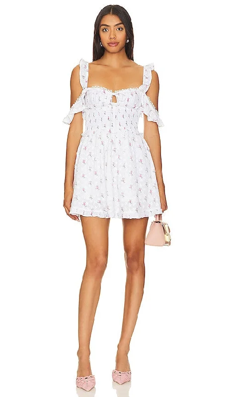 For Love & Lemons Palmero Mini Dress in White Chic Puff Sleeve Mini Dress
