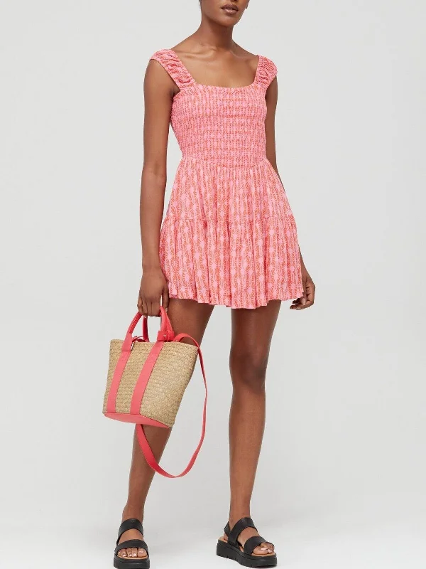 Free People Sweet Annie Mini Dress - Pink Combo. UK XL Chic Pleated Mini Dress