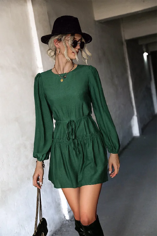 Frill Trim Tie Waist Puff Sleeve Mini Dress Fashionable Mini Dress with Frills