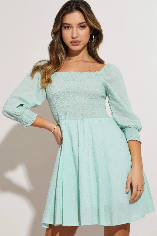 Green Mini Dress Square Neck Comfortable Smocked Mini Dress