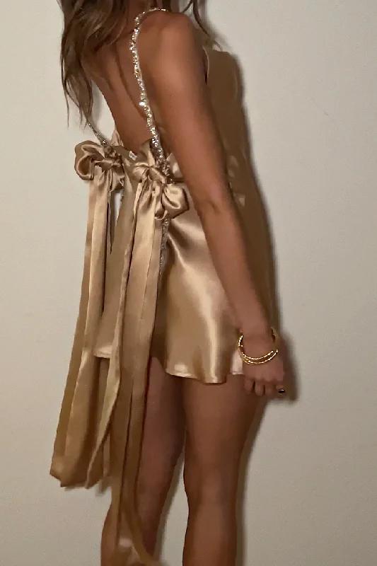 GRETEL MINI DRESS - CHAMPAGNE SILK Trendy Crossover Mini Dress