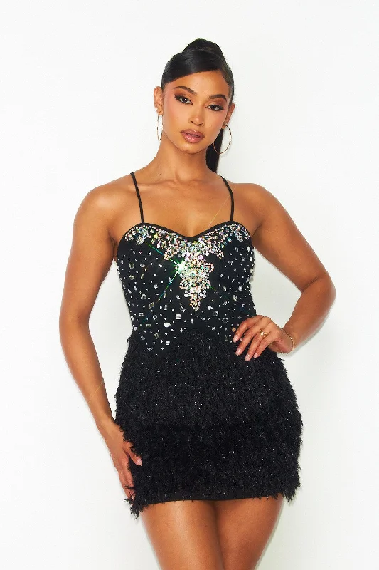 Alix Shaggy Jewel Rhinestone Bodycon Mini Dress Fashionable Denim Mini Dress