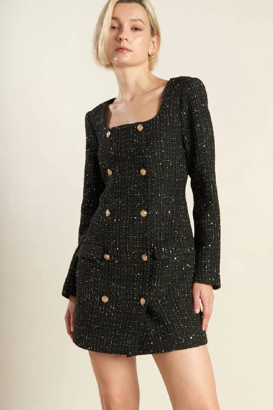 HEART UNBOUND TWEED MINI DRESS Stylish Button-Down Mini Dress
