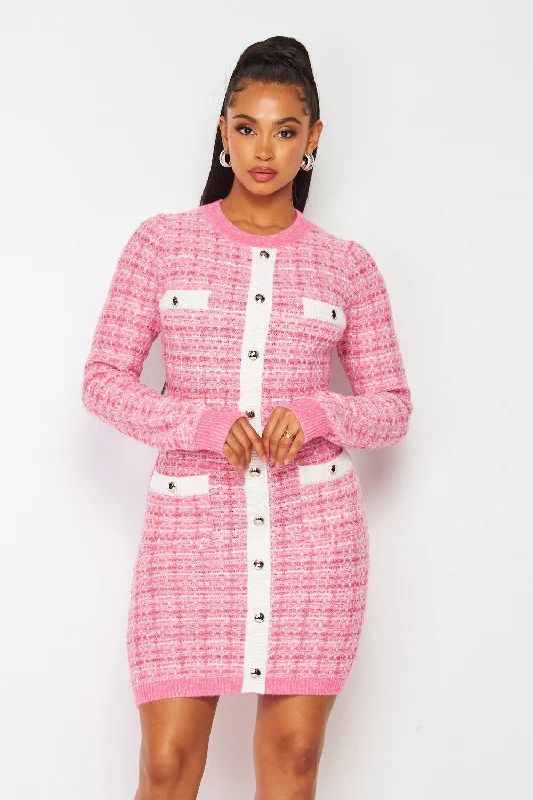 Hillary Preppy Long Sleeve Tweed Mini Dress Comfortable Linen Mini Dress