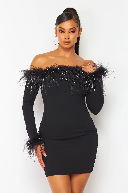 Cora Metallic Feather Trim Off Shoulder Mini Dress Comfortable Off-Shoulder Mini Dress Cora Metallic Feather Trim Off Shoulder Mini Dress Comfortable Off-Shoulder Mini Dress