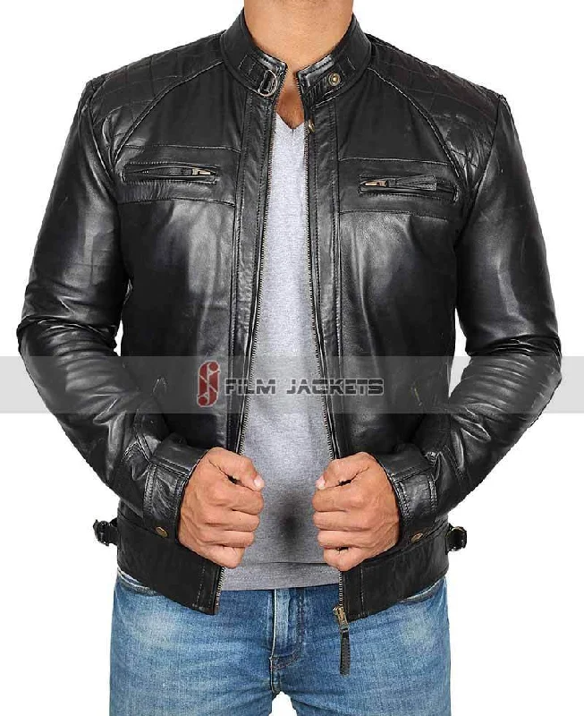 Johnson Black Mens Leather Jacket Toggled Jacket Drawstring Jacket Belted Jacket