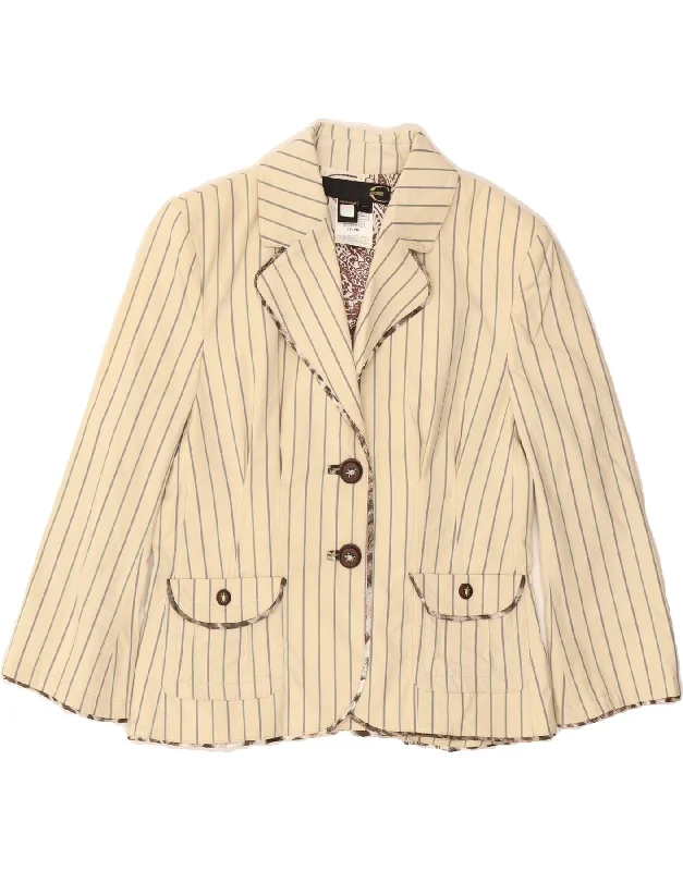 JUST CAVALLI Womens Blazer Jacket IT 44 Medium Off White Pinstripe Embroidered Jacket Appliqued Jacket Beaded Jacket JUST CAVALLI Womens Blazer Jacket IT 44 Medium Off White Pinstripe Embroidered Jacket Appliqued Jacket Beaded Jacket