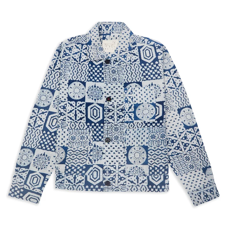 Bodhi Jacket - Block Print Blue Front Pockets Side Pockets Patch Pockets