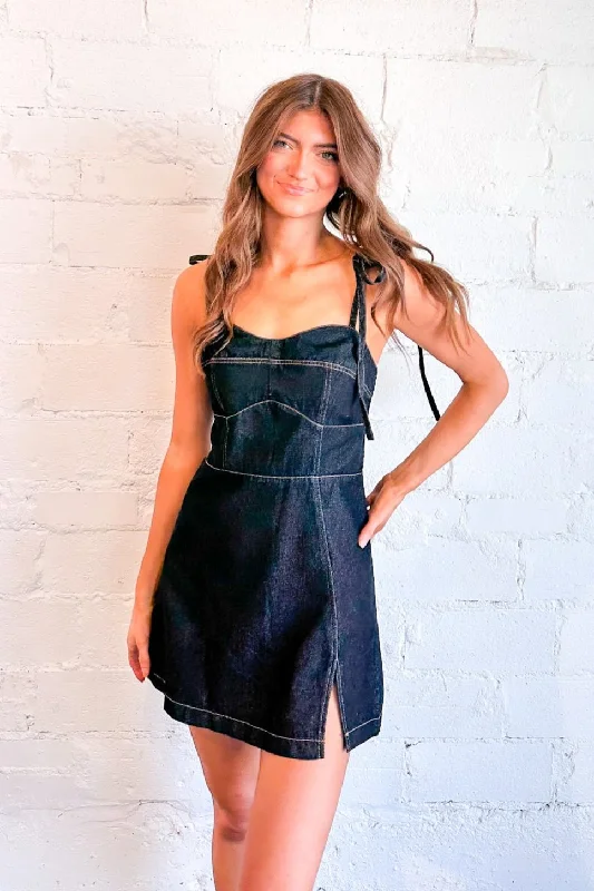 Kristen Denim Mini Dress with Tie Straps Cozy Ruched Mini Dress