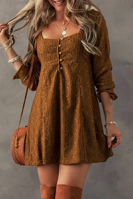 Lace Crochet Buttoned Square Neck Shift Mini Dress Cozy Ruched Mini Dress