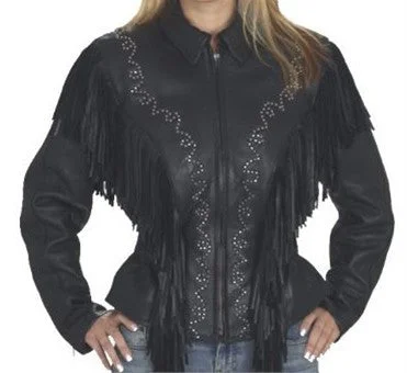 Ladies Black Leather Motorcycle Jacket with Fringes and Stud Design Nylon Jacket Polyester Jacket Spandex Jacket