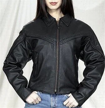 Ladies Butter Soft Cowhide Motorcycle Jacket with Flat Braid Trim Denim Fabric Leather Fabric Suede Fabric