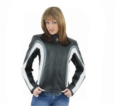 Ladies Leather Motorcycle Jacket with Gray and White Stripes Oversized Jacket Tailored Jacket Straight Jacket Ladies Leather Motorcycle Jacket with Gray and White Stripes Oversized Jacket Tailored Jacket Straight Jacket