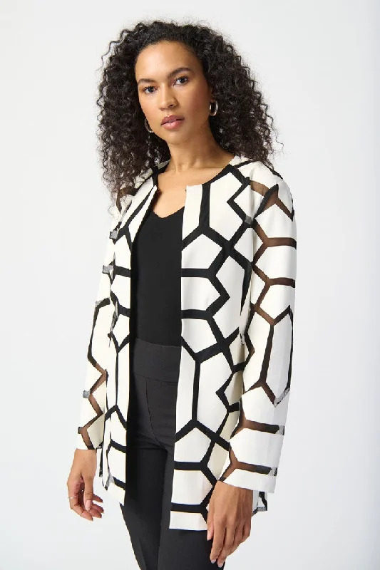 Laser-Cut Leatherette on Mesh Jacket Front Pockets Side Pockets Patch Pockets