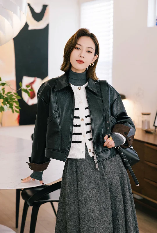 Laura Faux Leather Jacket - Black Belted Jacket Elasticated Jacket Padded Jacket