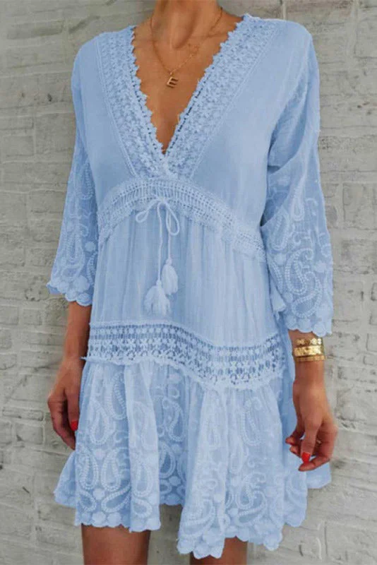 Light Sky Blue V-Neck Lace Mini Dress Stylish Floral Print Mini Dress