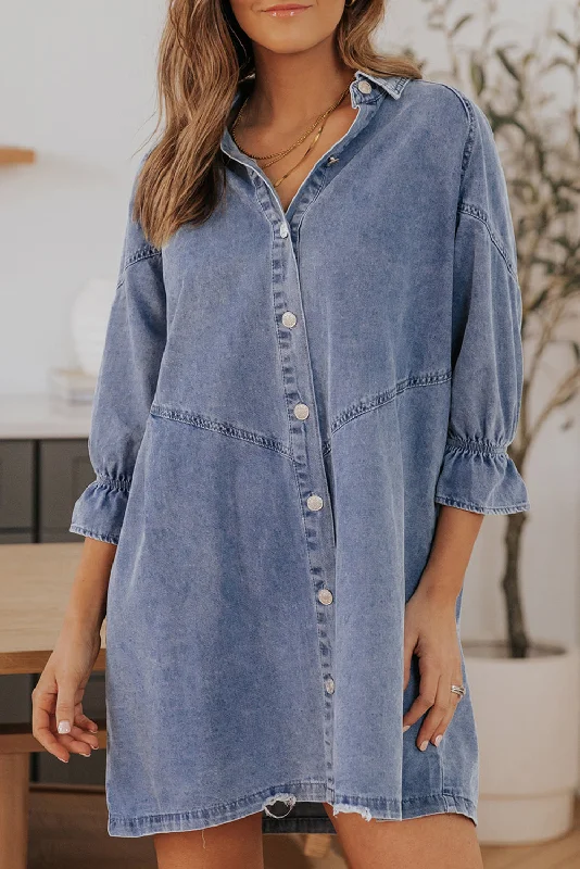 Londyn Buttoned Long Sleeve Denim Mini Dress Classic Solid Mini Dress
