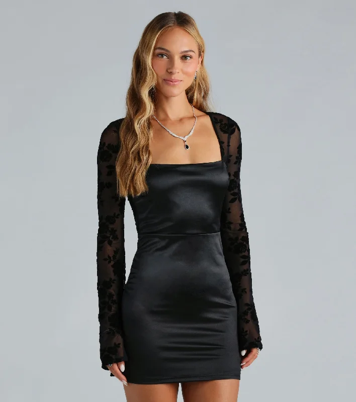 Love For Chic Flocked Mesh Satin Mini Dress Fashionable Denim Mini Dress