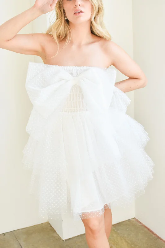 Lowery Swiss Dot Bow Mini Dress -White Elegant Velvet Mini Dress