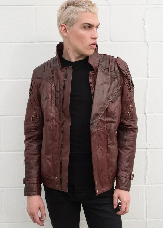 Men's Star Lord Guardians of The Galaxy Red Leather Jacket A-Line Jacket Boat Neck Shawl Collar Men's Star Lord Guardians of The Galaxy Red Leather Jacket A-Line Jacket Boat Neck Shawl Collar