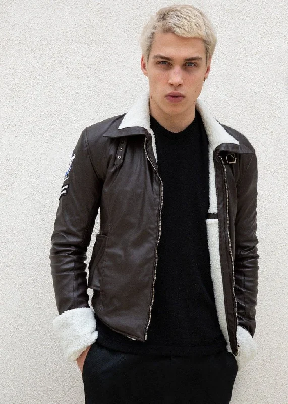 Mens Tracer Jacket Brown Leather White Fur Lining Bomber Nylon Fabric Polyester Fabric Spandex Fabric Mens Tracer Jacket Brown Leather White Fur Lining Bomber Nylon Fabric Polyester Fabric Spandex Fabric