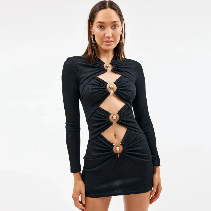 Long Sleeve Bandage Party Mini Dress - Black Elegant Lace-Up Mini Dress