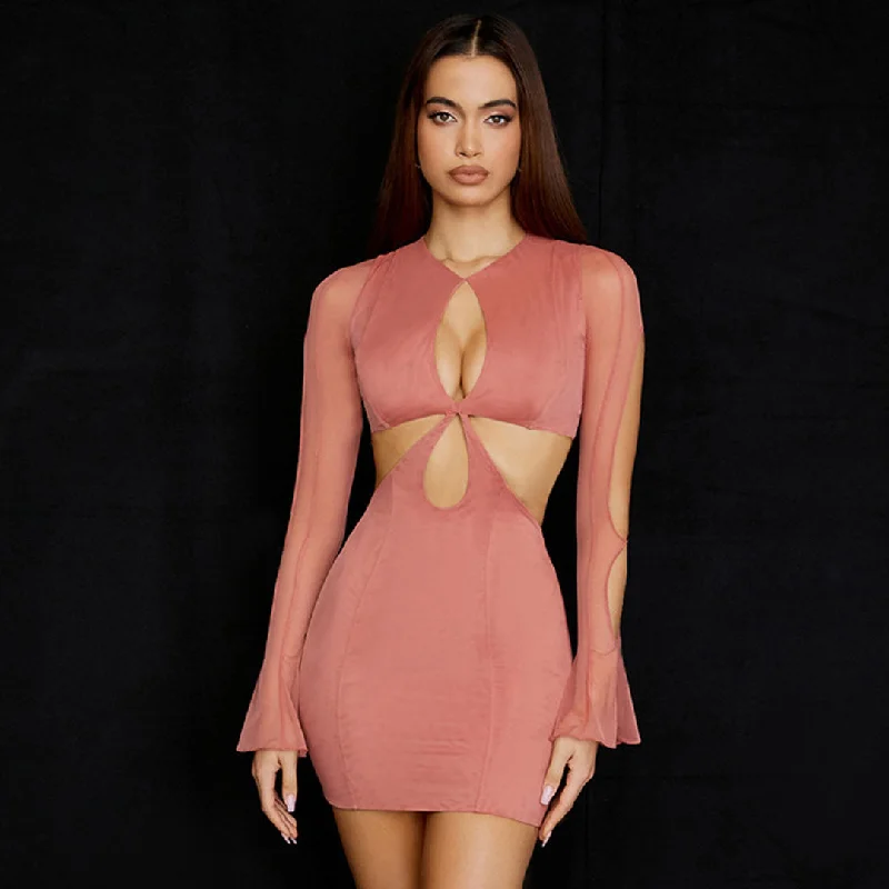 Round Neck Long Sleeve Cut Out Bodycon Mini Dress - Coral Pink Fashionable Lace-Trim Mini Dress Round Neck Long Sleeve Cut Out Bodycon Mini Dress - Coral Pink Fashionable Lace-Trim Mini Dress