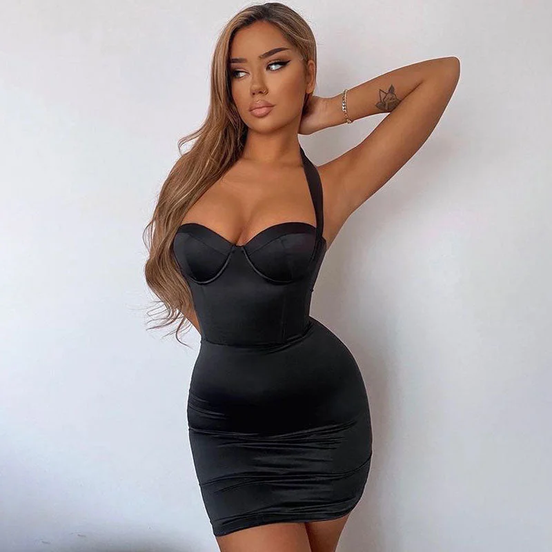 Halter Neck Bustier Corset Party Mini Dress - Black Elegant Satin Lace Mini Dress