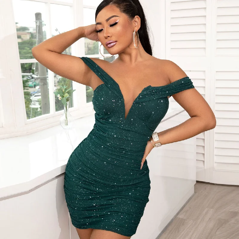 Ruched V Wire Off Shoulder Bodycon Party Mini Dress - Emerald Green Cozy Long Sleeve Mini Dress