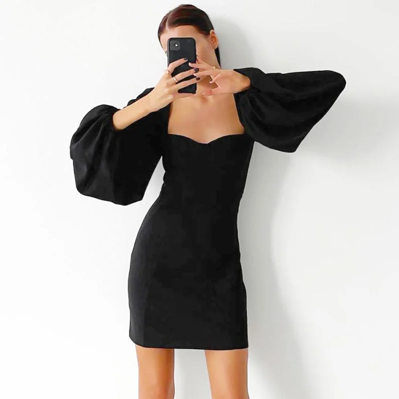 Bishop Sleeve Sweetheart Neck Bodycon Party Mini Dress - Black Stylish Spaghetti Strap Mini Dress