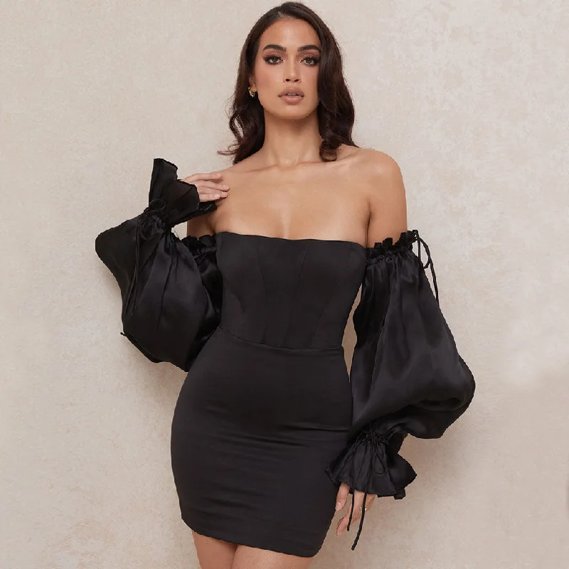 Cute Off Shoulder Puff Sleeve Bodycon Party Mini Dress - Black Classic Floral Print Mini Dress