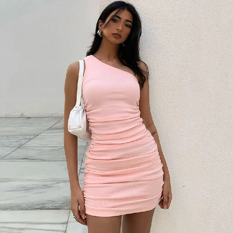 One Shoulder Sleeveless Ribbed Bodycon Ruched Mini Dress - Pink Trendy Mini Dress with Belt One Shoulder Sleeveless Ribbed Bodycon Ruched Mini Dress - Pink Trendy Mini Dress with Belt