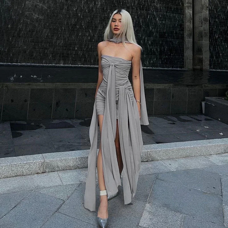 Ruched Mesh Tie Front Strapless Bodycon Mini Dress - Gray Fashionable Boho-Chic Mini Dress Ruched Mesh Tie Front Strapless Bodycon Mini Dress - Gray Fashionable Boho-Chic Mini Dress