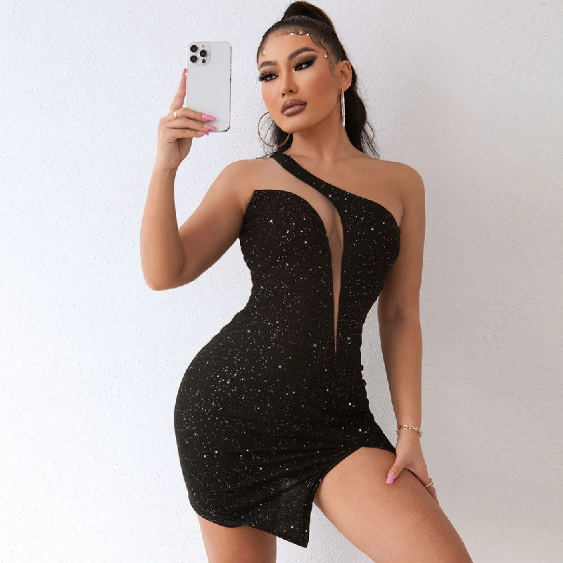 Mesh Panel Side Split One Shoulder Bodycon Mini Dress - Cozy Cotton Mini Dress