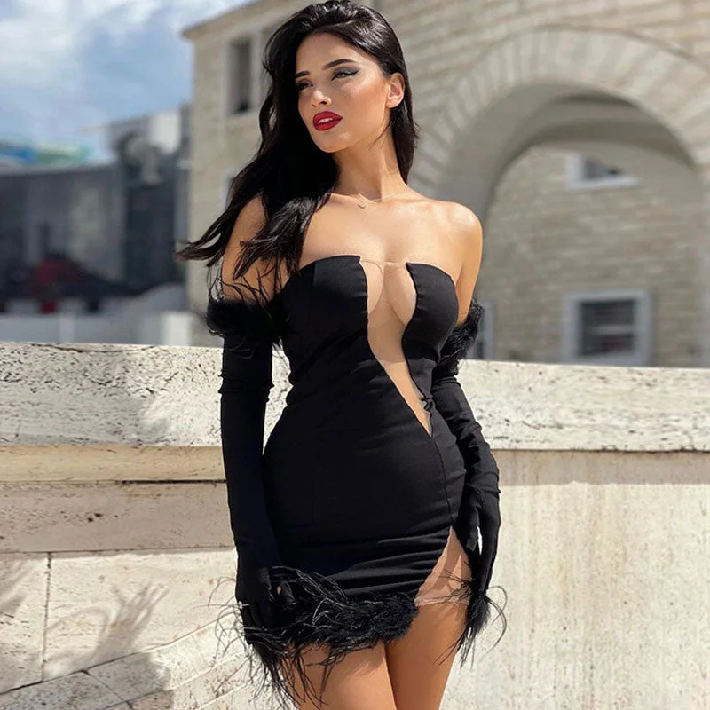 Alluring Sheer Mesh Trim Glove Bandeau Party Mini Dress - Black Fashionable Mini Dress with Frills Alluring Sheer Mesh Trim Glove Bandeau Party Mini Dress - Black Fashionable Mini Dress with Frills