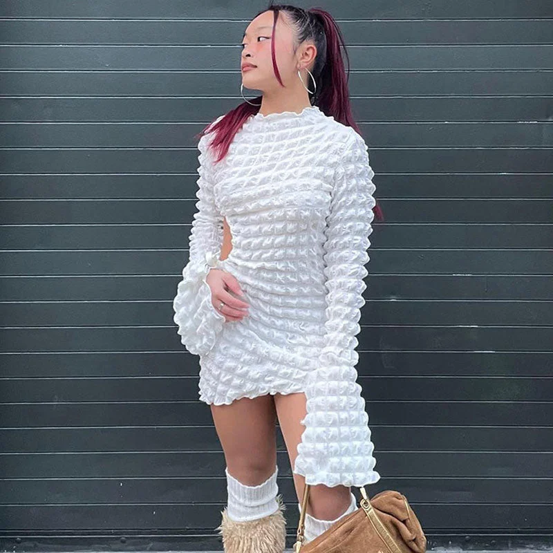 Adorable Popcorn Texture Cut Out Long Sleeve Bodycon Mini Dress - White Cozy Cowl Neck Mini Dress Adorable Popcorn Texture Cut Out Long Sleeve Bodycon Mini Dress - White Cozy Cowl Neck Mini Dress