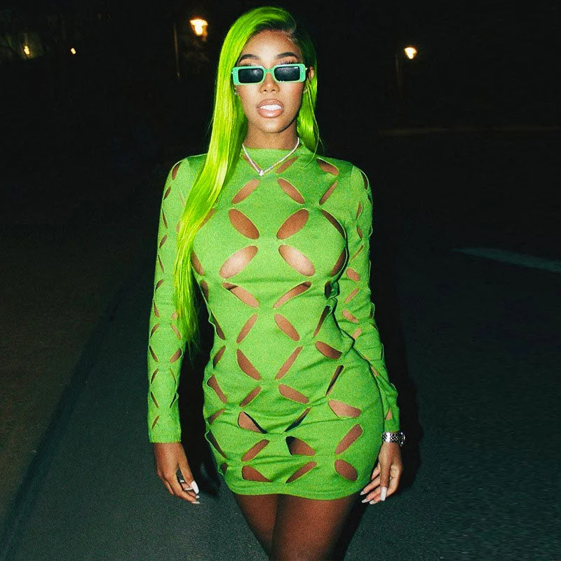 Cut Out Crew Neck Long Sleeve Bodycon Party Mini Dress - Green Elegant Mini Dress with Pleats Cut Out Crew Neck Long Sleeve Bodycon Party Mini Dress - Green Elegant Mini Dress with Pleats