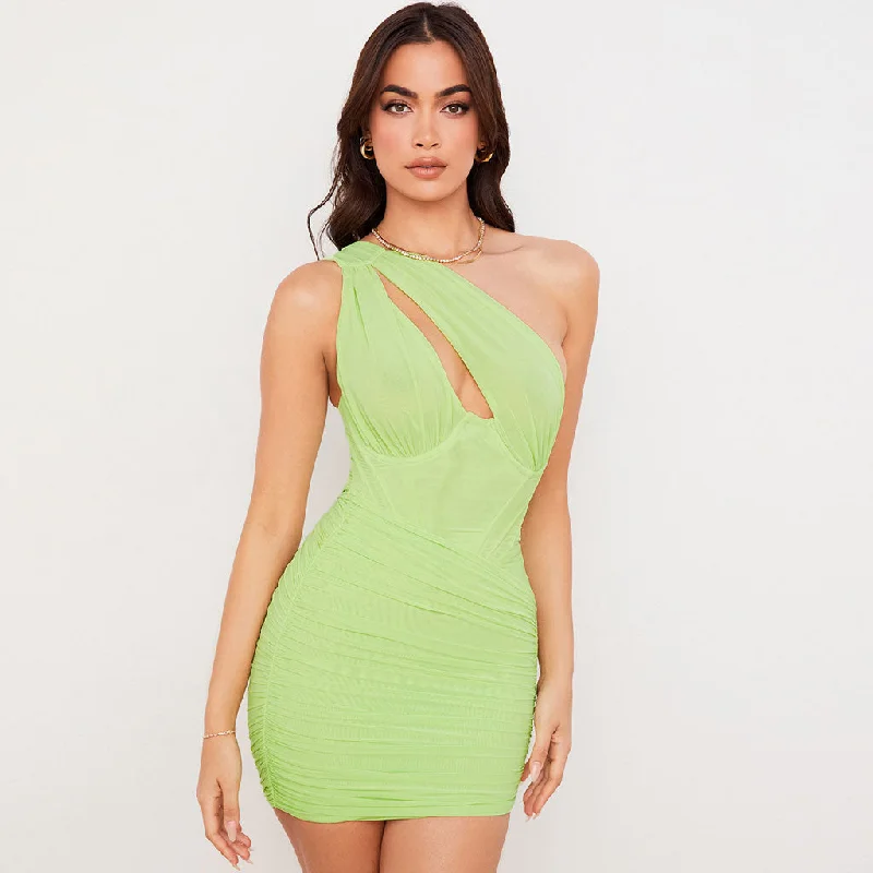 Trendy One Shoulder Cut Out Ruched Mesh Party Mini Dress - Green Elegant Vintage Mini Dress Trendy One Shoulder Cut Out Ruched Mesh Party Mini Dress - Green Elegant Vintage Mini Dress