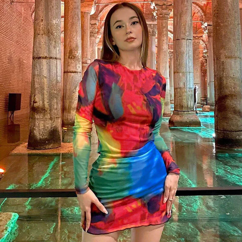 Tie Dye Crew Neck Long Sleeve Cut Out Bodycon Mini Dress - Multicolor Stylish Short-Sleeve Mini Dress Tie Dye Crew Neck Long Sleeve Cut Out Bodycon Mini Dress - Multicolor Stylish Short-Sleeve Mini Dress