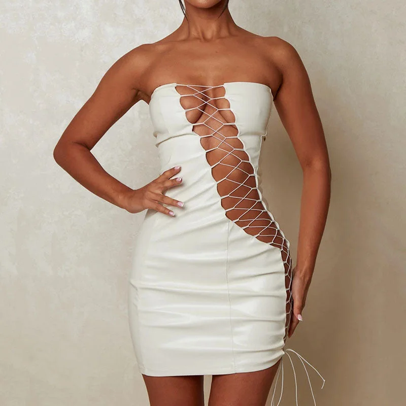 Sultry Strapless Lace Up Cut Out Bodycon Club Mini Dress - White Classic Striped Mini Dress Sultry Strapless Lace Up Cut Out Bodycon Club Mini Dress - White Classic Striped Mini Dress