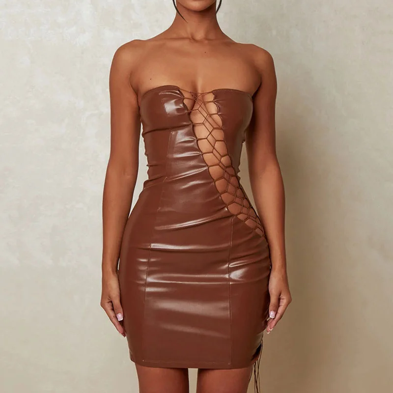 Sultry Strapless Lace Up Cut Out Bodycon Club Mini Dress - Brown Fashionable Polka Dot Mini Dress Sultry Strapless Lace Up Cut Out Bodycon Club Mini Dress - Brown Fashionable Polka Dot Mini Dress