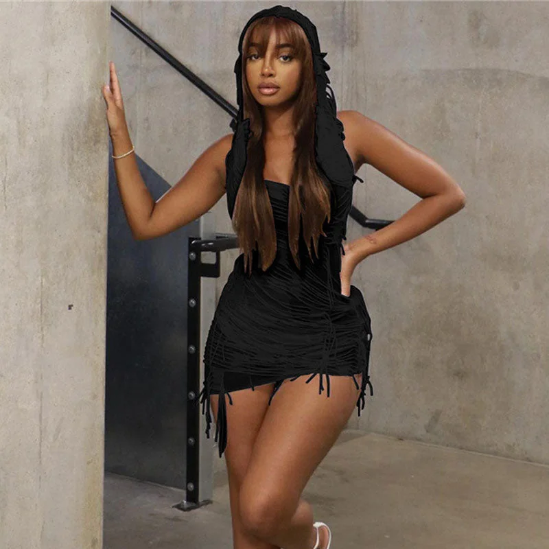 Street Style Distressed Sleeveless Low Back Hooded Mini Dress - Black Comfortable Boho Mini Dress Street Style Distressed Sleeveless Low Back Hooded Mini Dress - Black Comfortable Boho Mini Dress