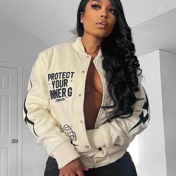 Monogram Print Casual Jacket Stand Up Collar Baseball Uniform(CL10932) Fitted Jacket Loose Jacket Oversized Jacket Monogram Print Casual Jacket Stand Up Collar Baseball Uniform(CL10932) Fitted Jacket Loose Jacket Oversized Jacket