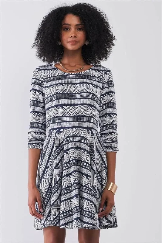 Multi Print Round Neck 3/4 Sleeve A-line Mini Dress Elegant Sequin Mini Dress