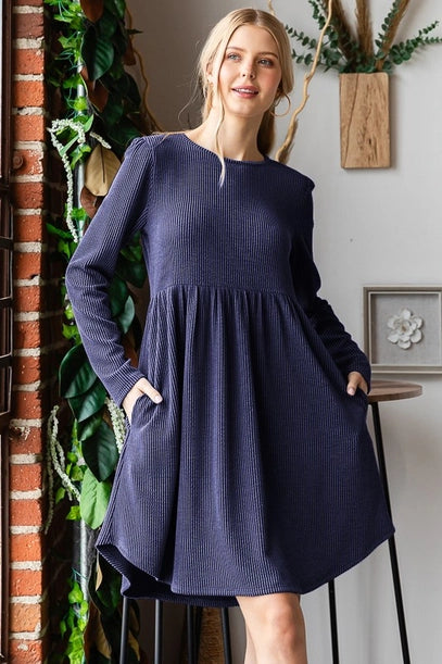 Nola Round Neck Babydoll Mini Dress Comfortable Zip-Up Mini Dress